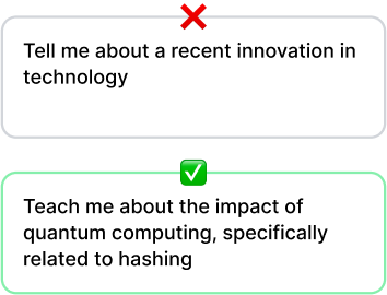 Graphic with before and after examples about being specific with prompts