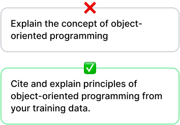 Graphic with before and after examples about quoting sources when writing prompts