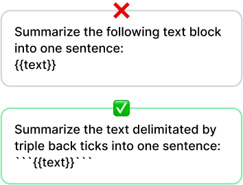 Graphic with before and after examples about using delimiters in prompts